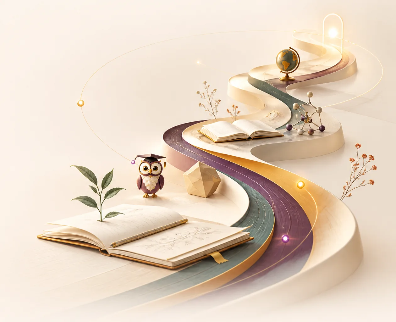 A sculptural learning path connecting a notebook, owl guide, books, science model, and globe